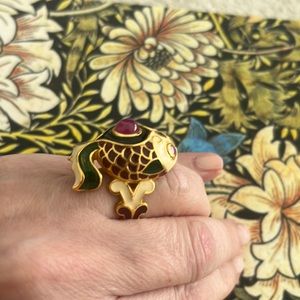 Enamel Lucky Fish Silver Gold Plated Semi Precious Stone Chunky Huge Big Ring 6